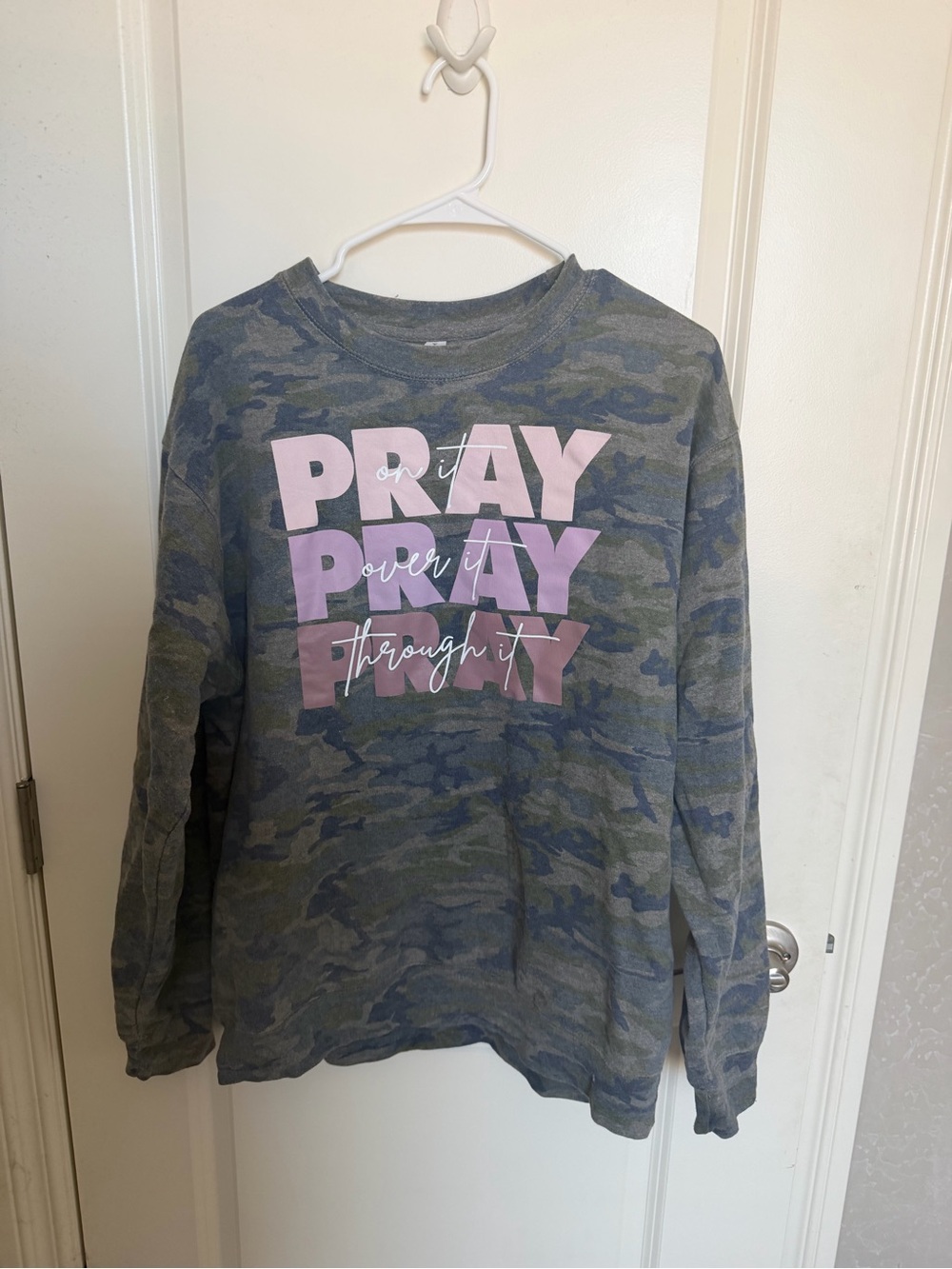 Women’s  Green Camo Crewneck Sweatshirt with Pink Graphic